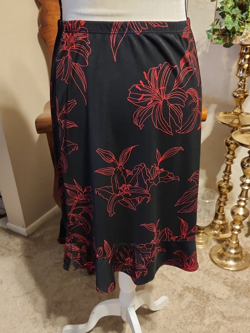 George Black Midi Skirt with Red Floral Outline